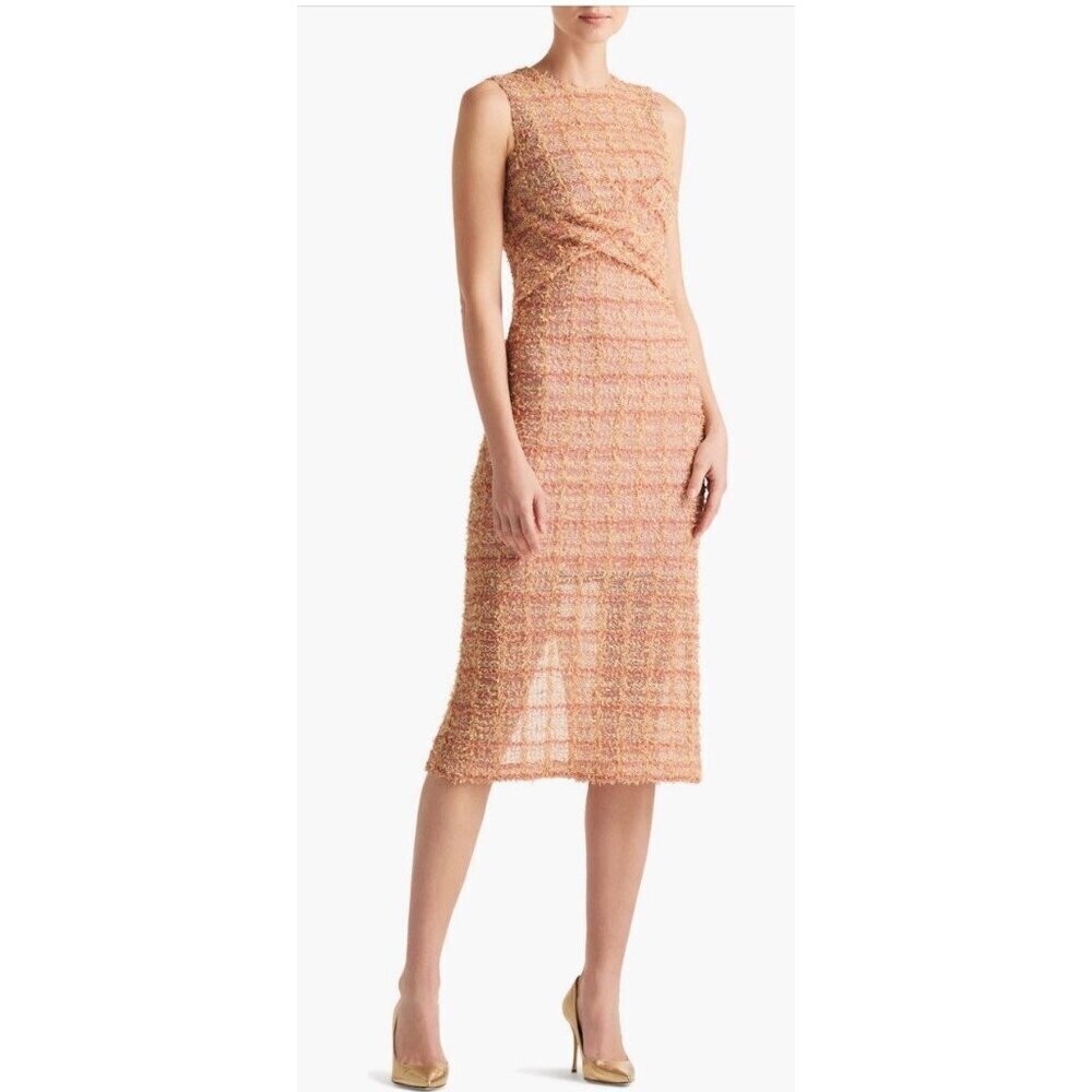 New St. John Gossamer Draped Peach Plaid Midi-Dress size 10
